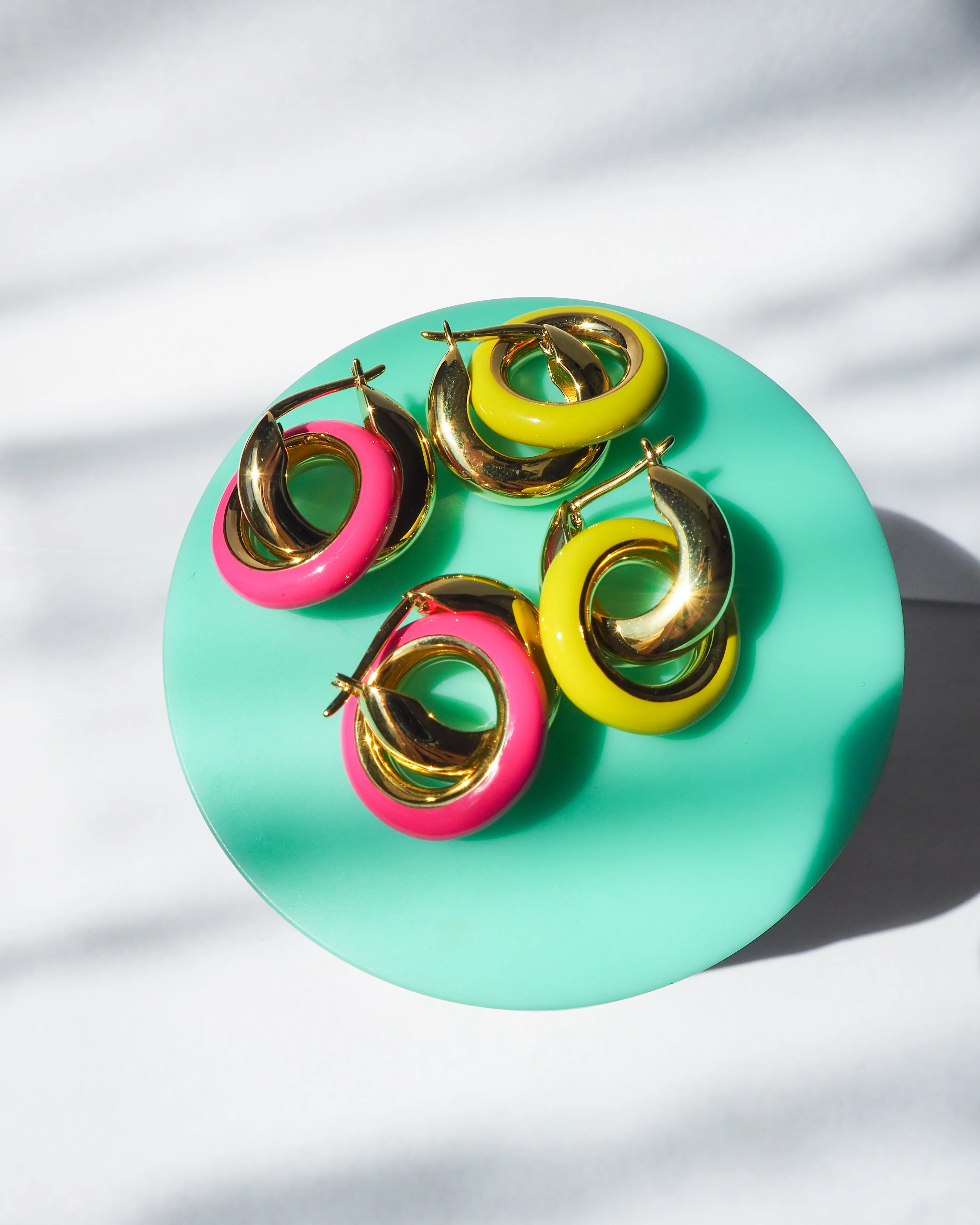 Pave Interlock Hoops- Neon Yellow- Gold