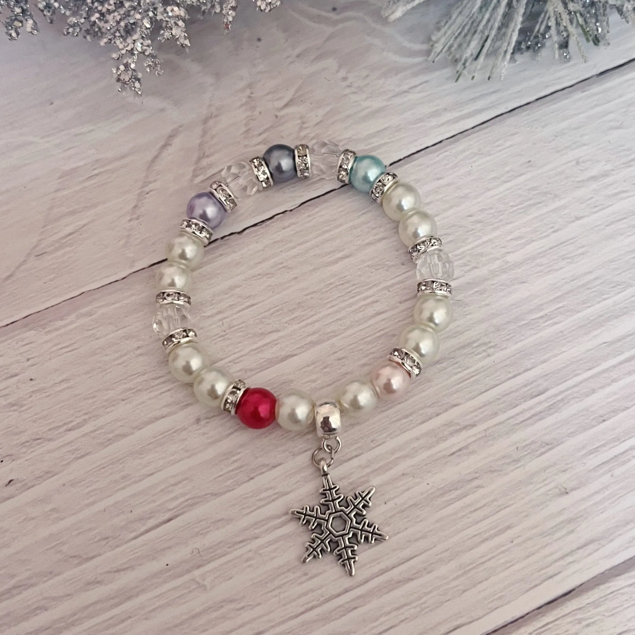 Pearl Snowflake charm holiday Christmas bracelet