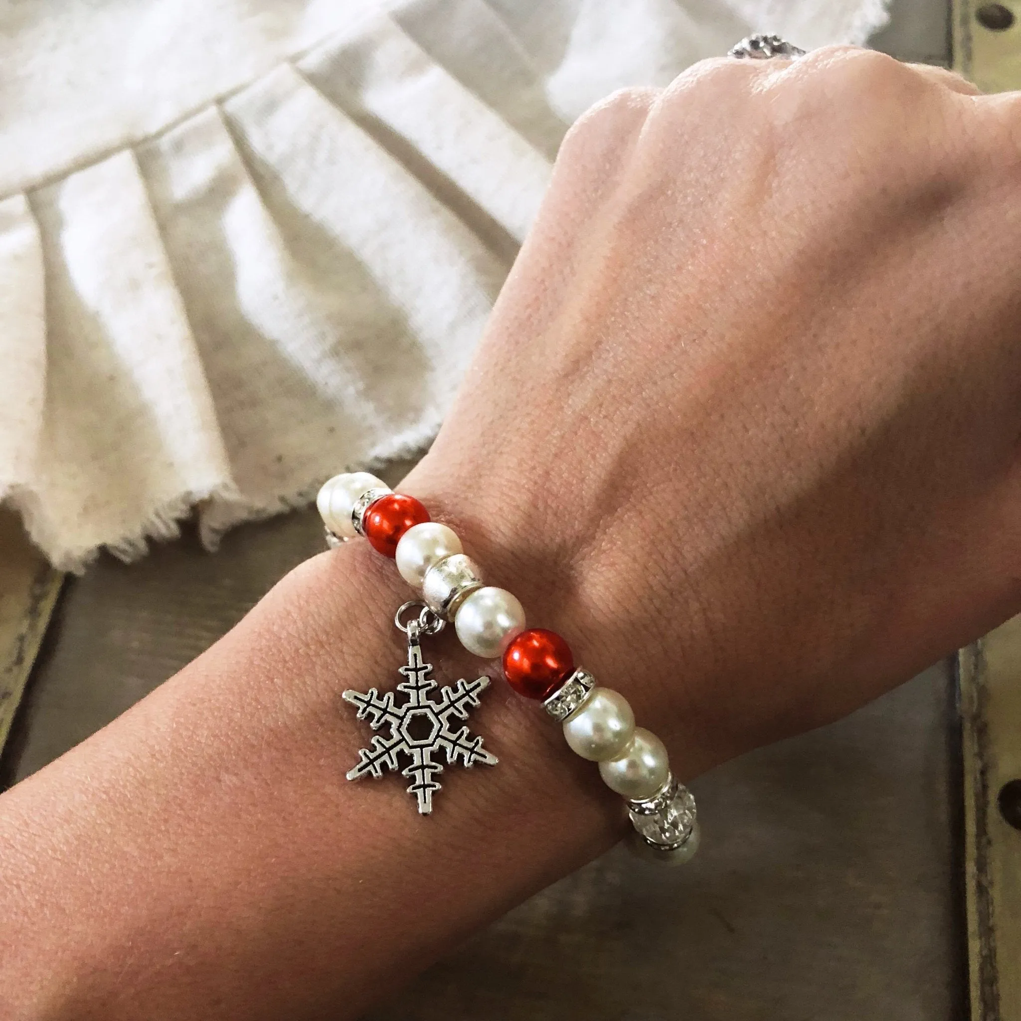 Pearl Snowflake charm holiday Christmas bracelet