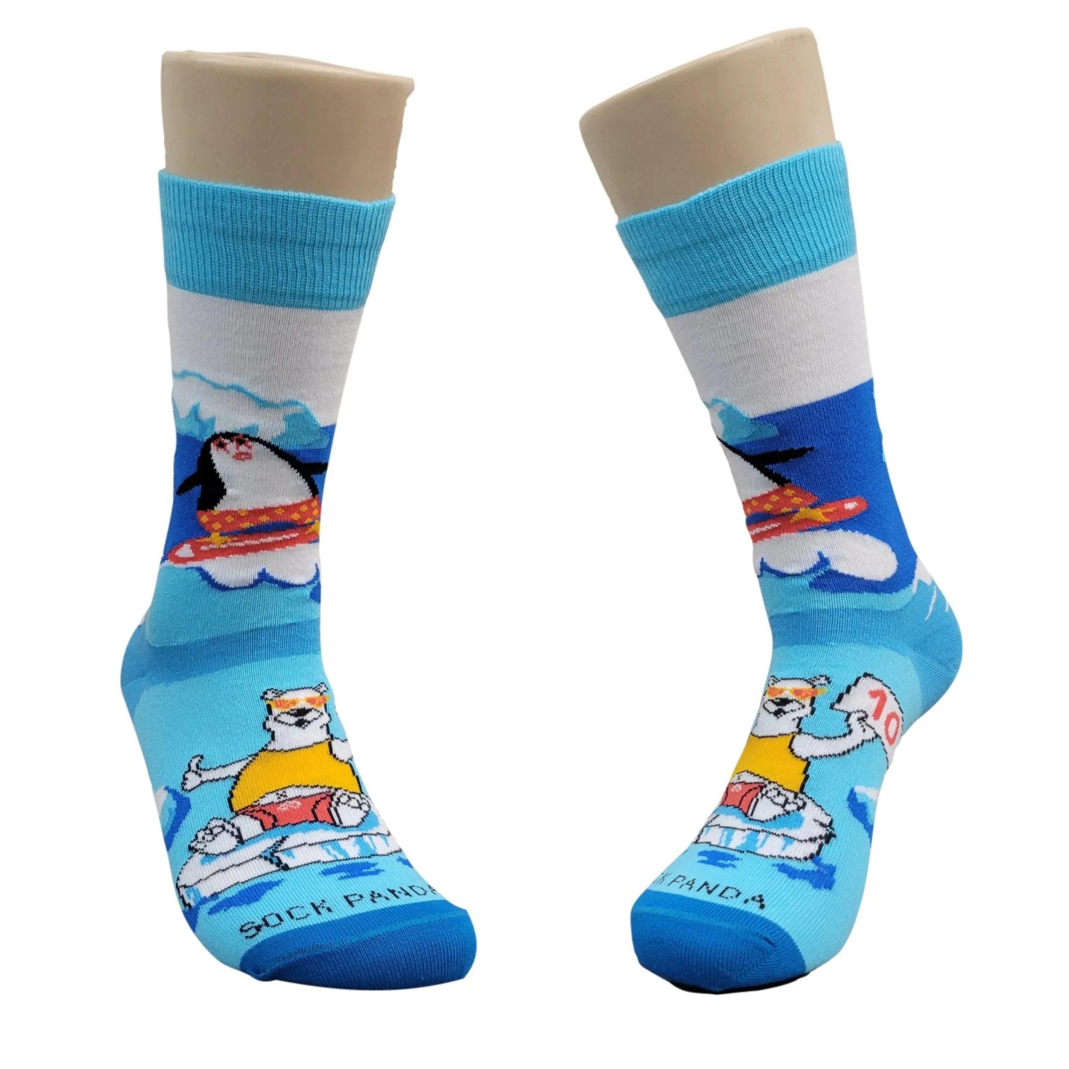 Penguin Surfing with a Cool Polar Bear Socks from the Sock Panda (Adult Small -  Shoe Sizes 2-5)