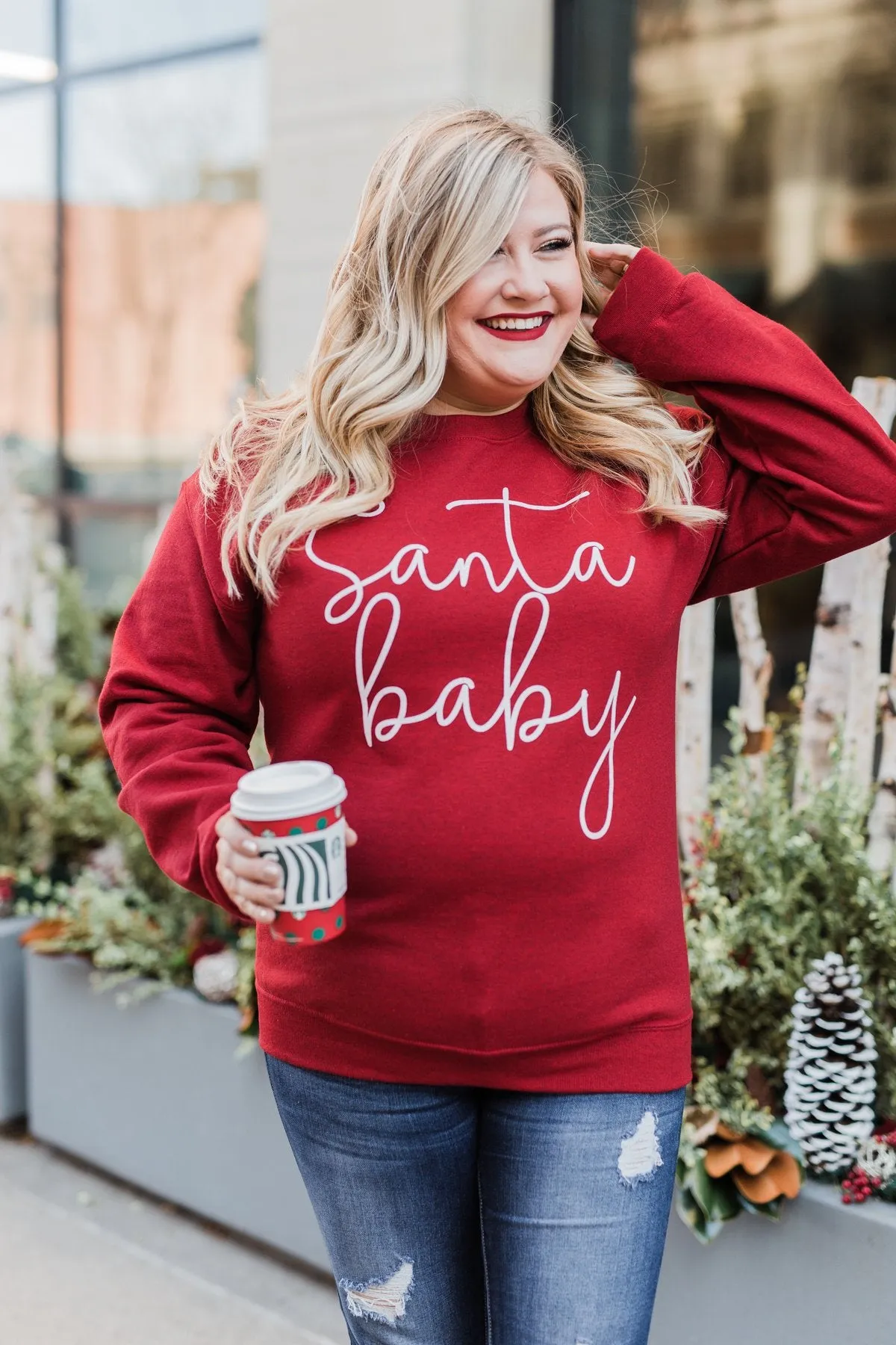 "Santa Baby" Graphic Pullover- Holiday Red