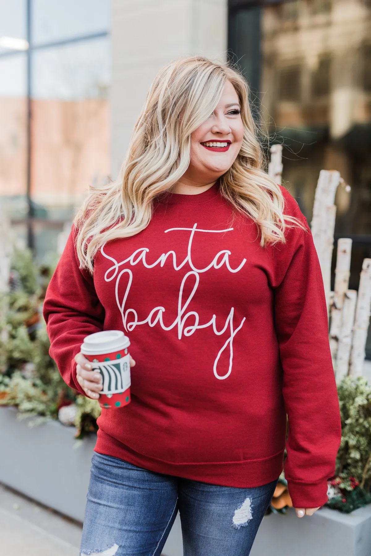 "Santa Baby" Graphic Pullover- Holiday Red