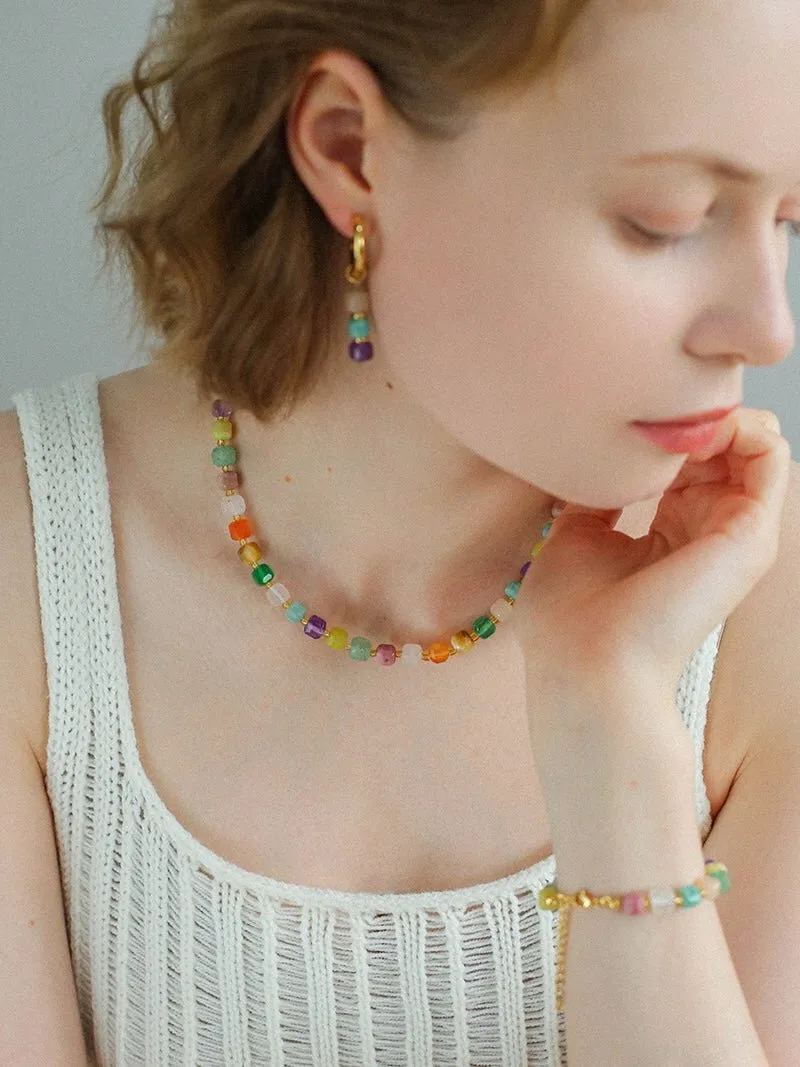 Rainbow Candy Cube Gemstone Beaded Necklace