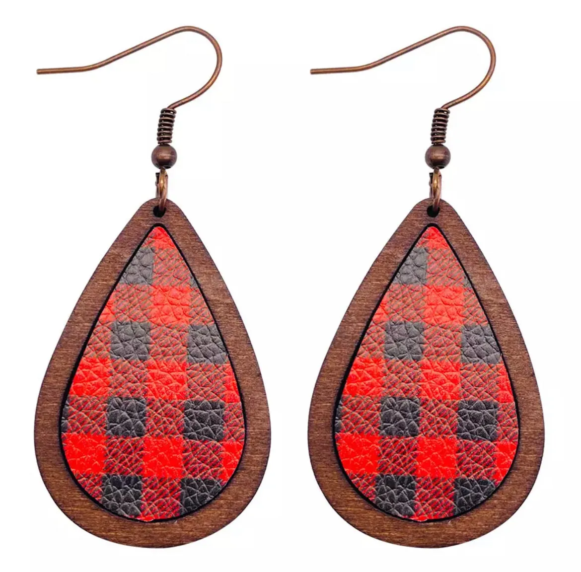 Red and Black Plaid Wooden Drop Earrings