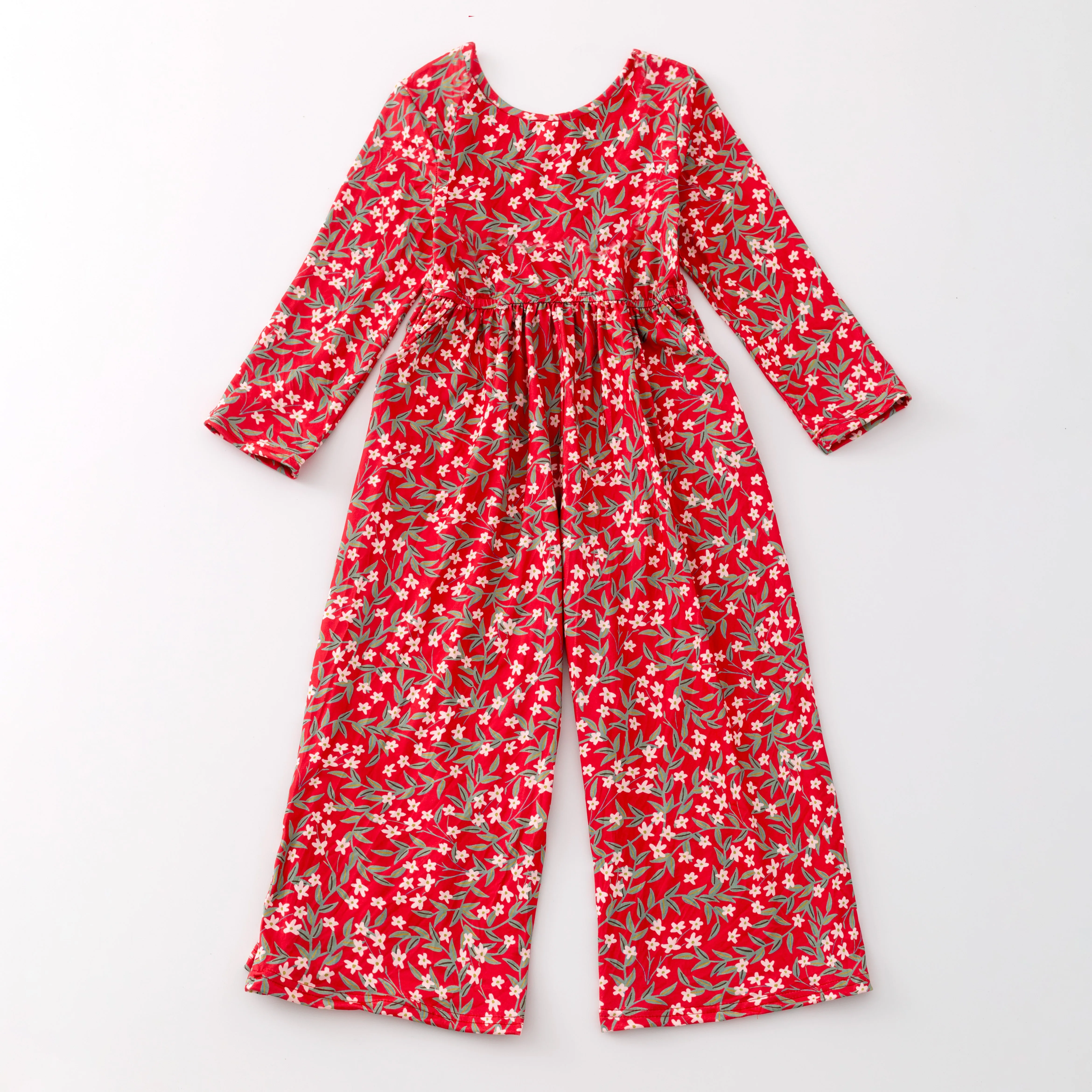 RED CHRISTMAS FLORAL LONG SLEEVES JUMPSUIT