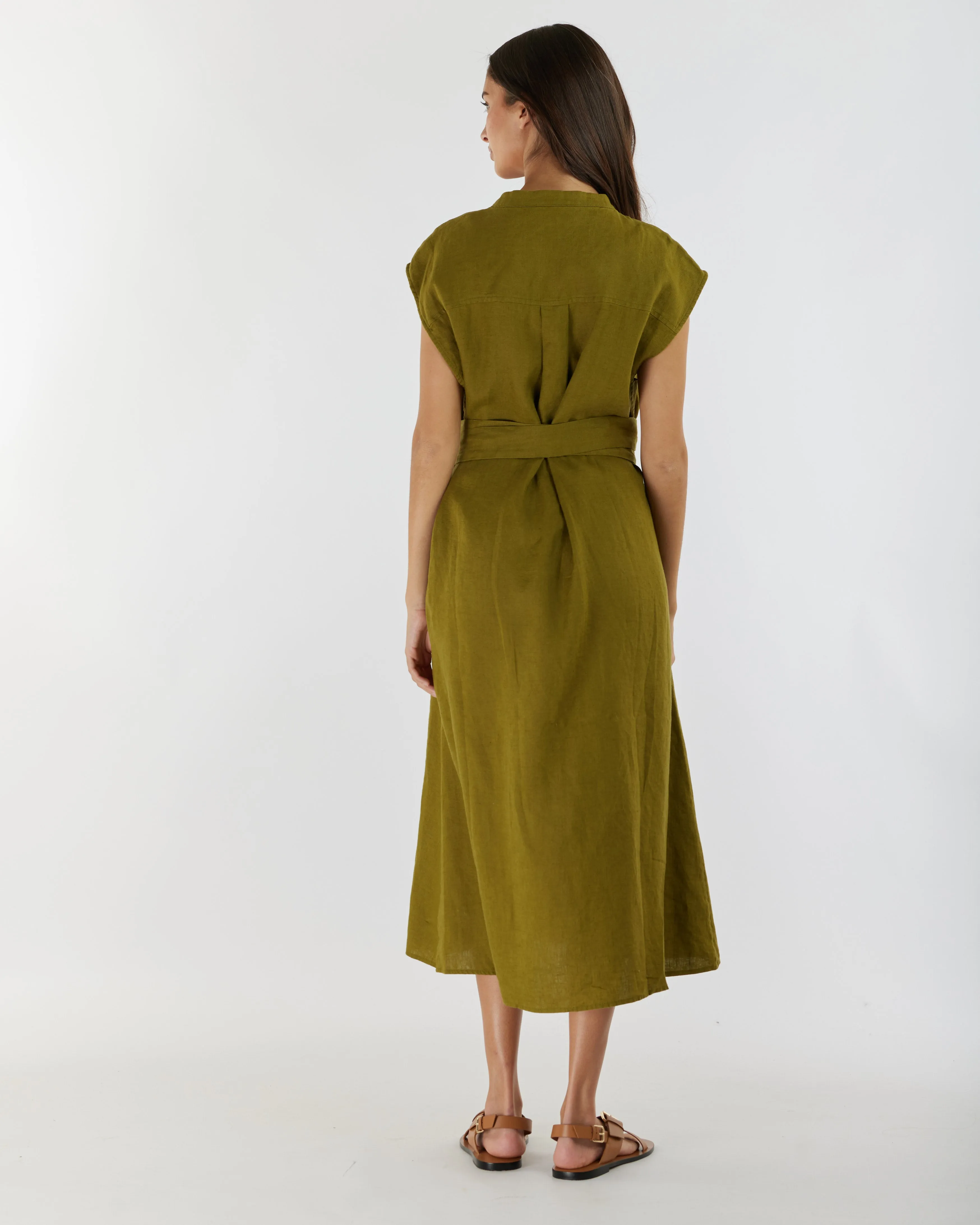 Renee Linen Midi Dress - Olive