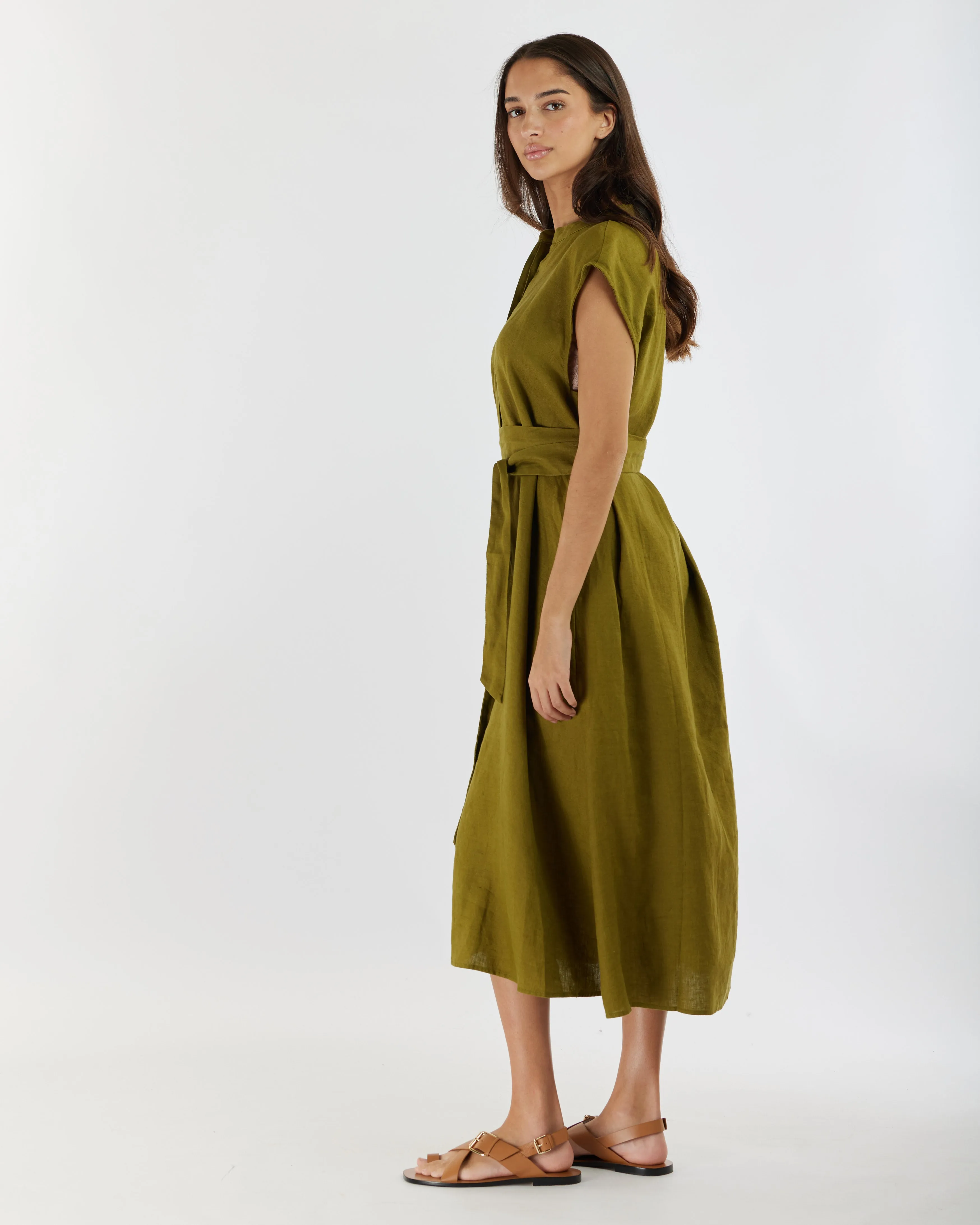 Renee Linen Midi Dress - Olive