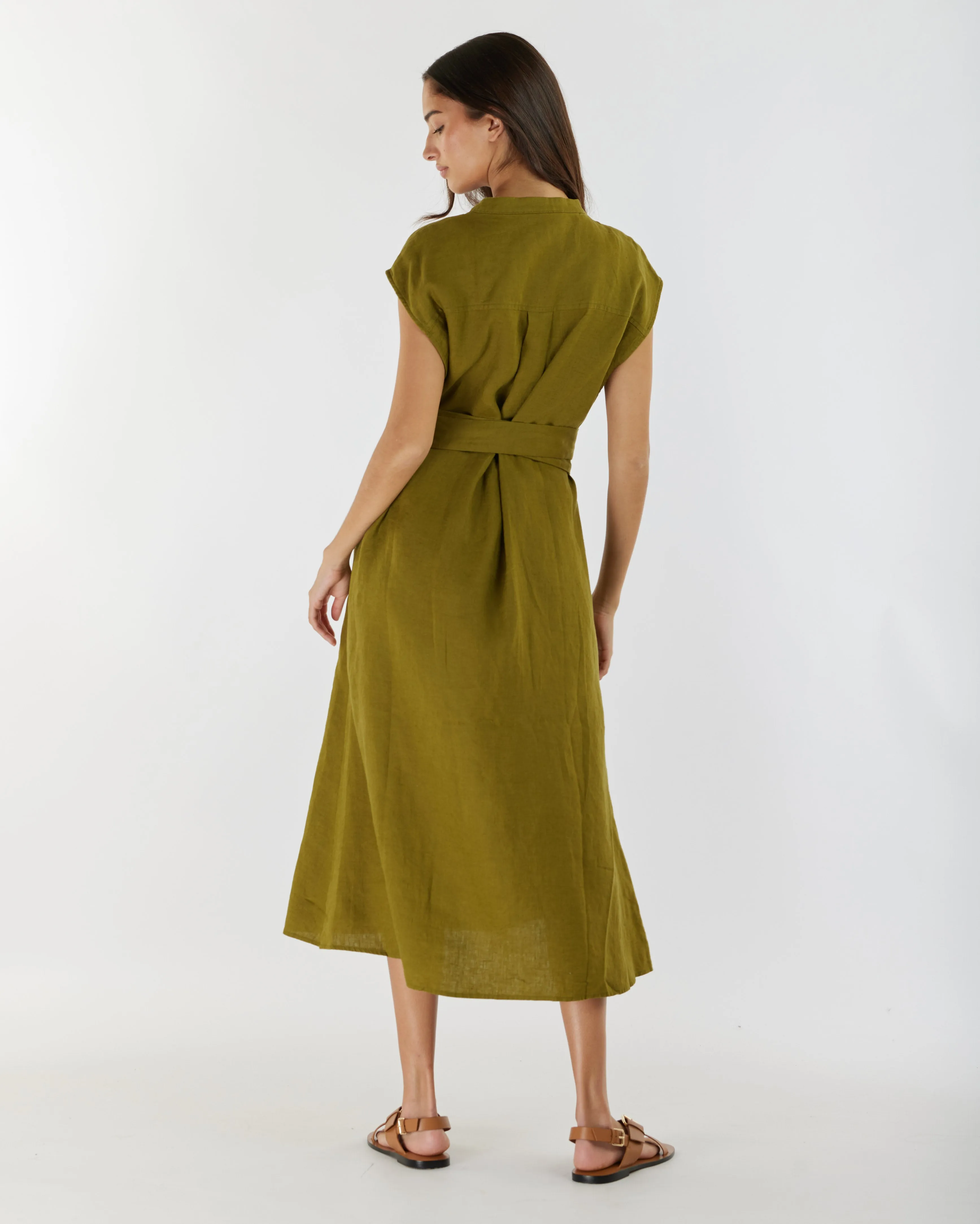 Renee Linen Midi Dress - Olive