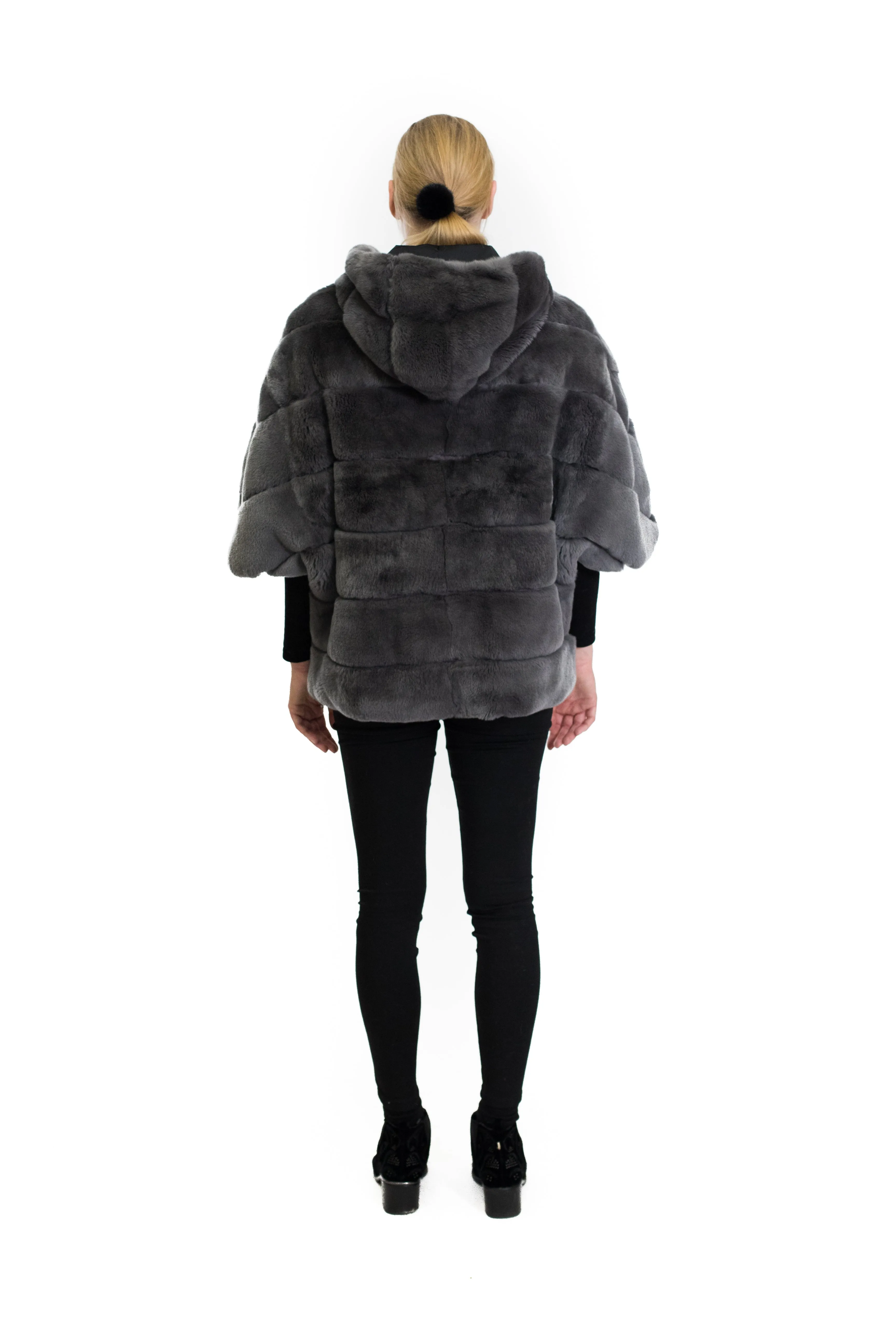 Rex Rabbit Cape Coat with Hood and Side Zipper Detail