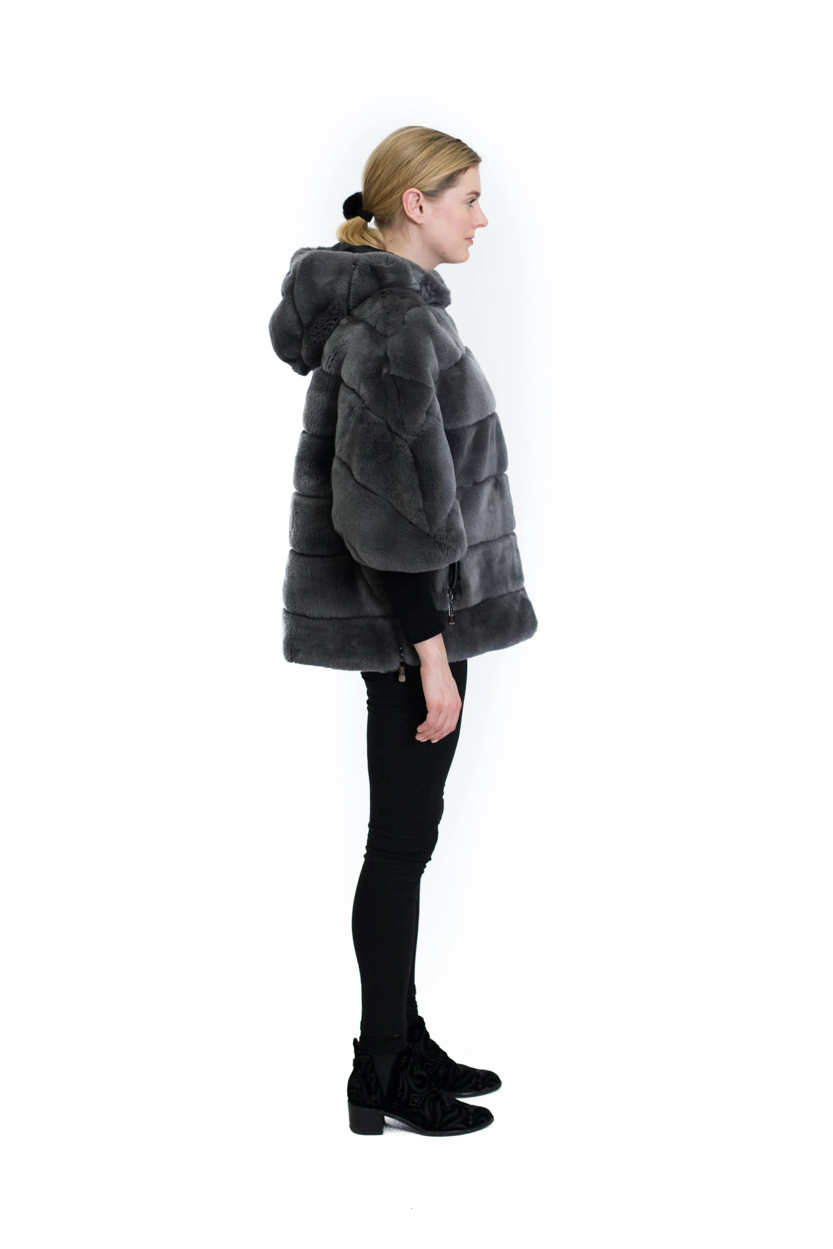 Rex Rabbit Cape Coat with Hood and Side Zipper Detail