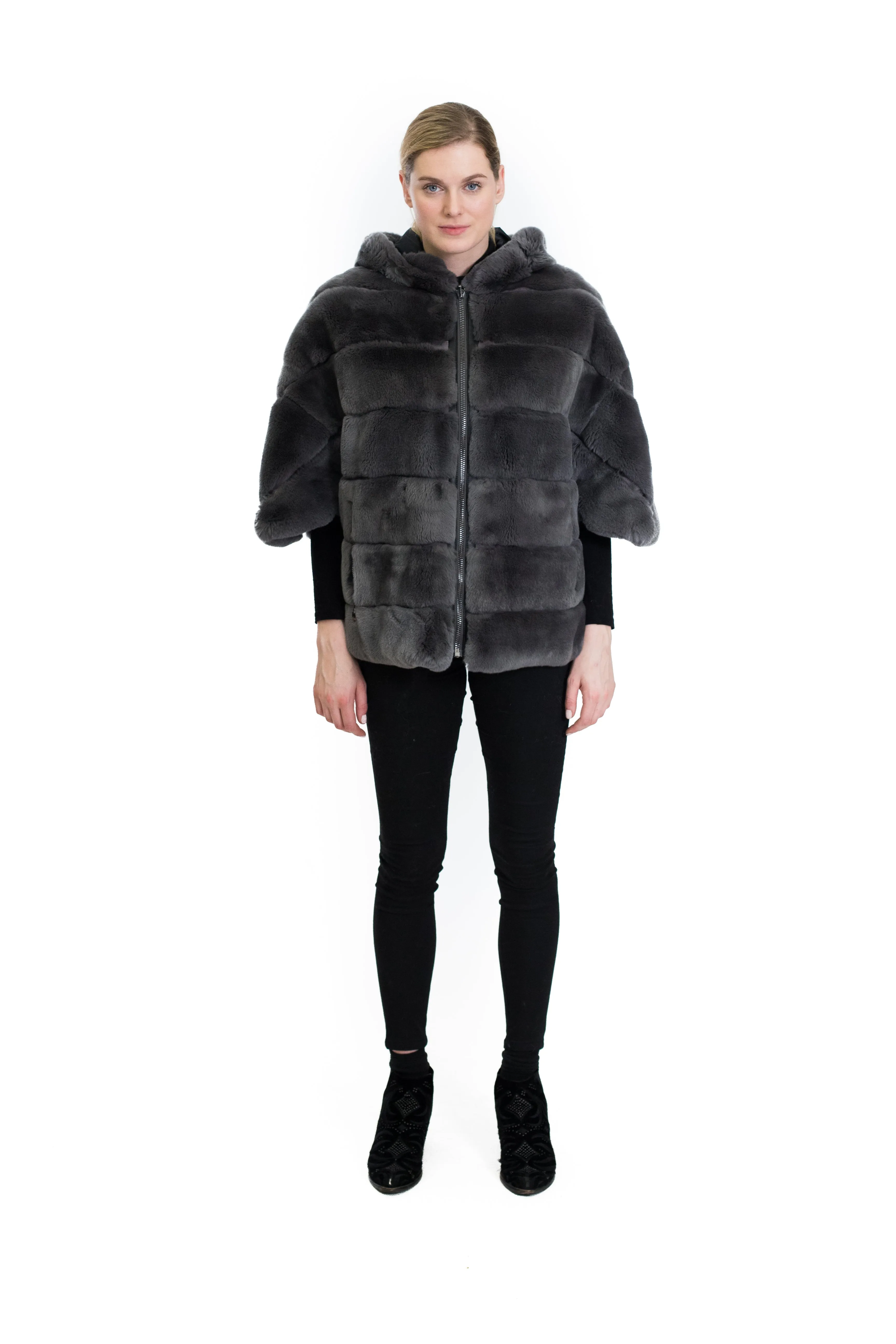 Rex Rabbit Cape Coat with Hood and Side Zipper Detail