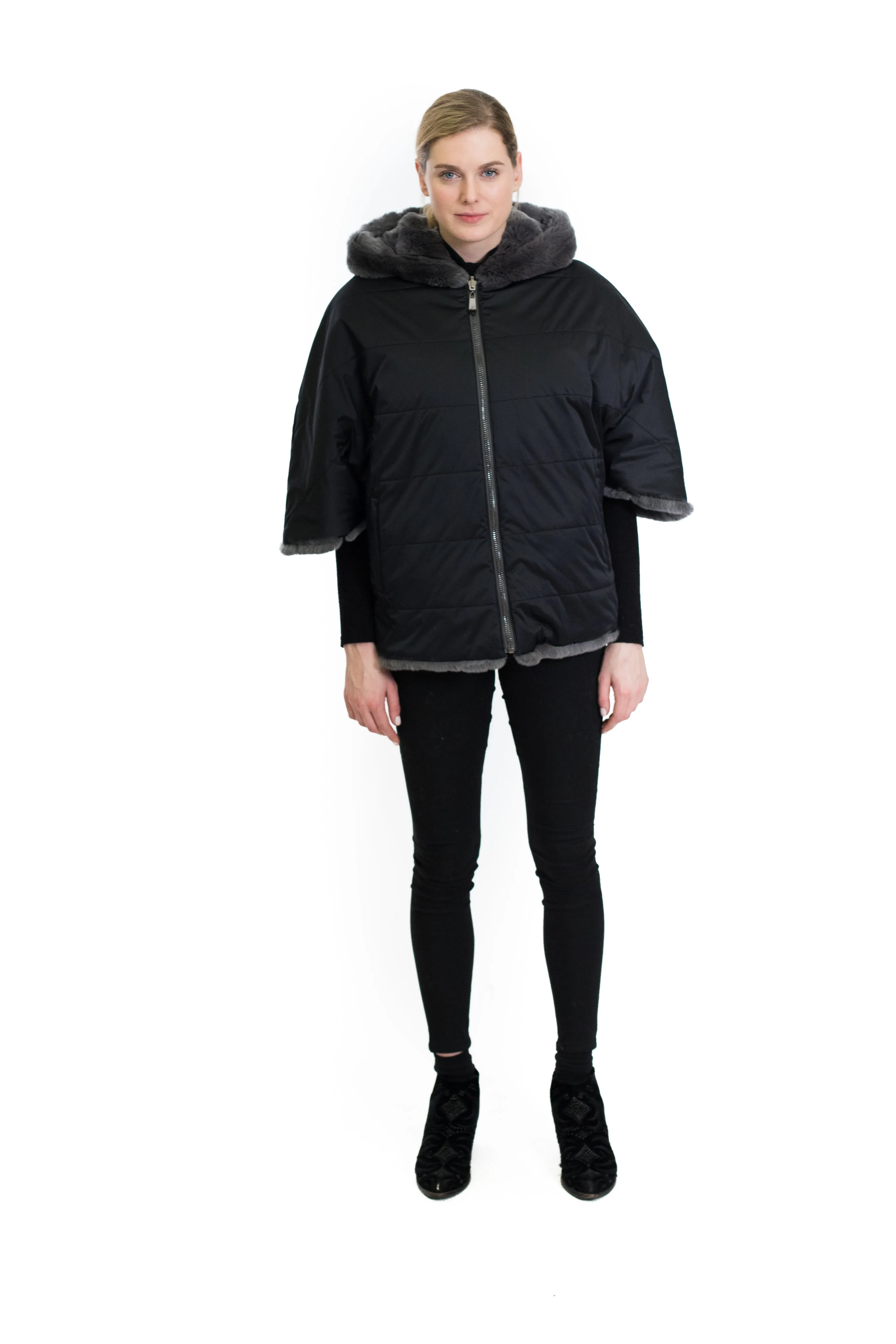 Rex Rabbit Cape Coat with Hood and Side Zipper Detail