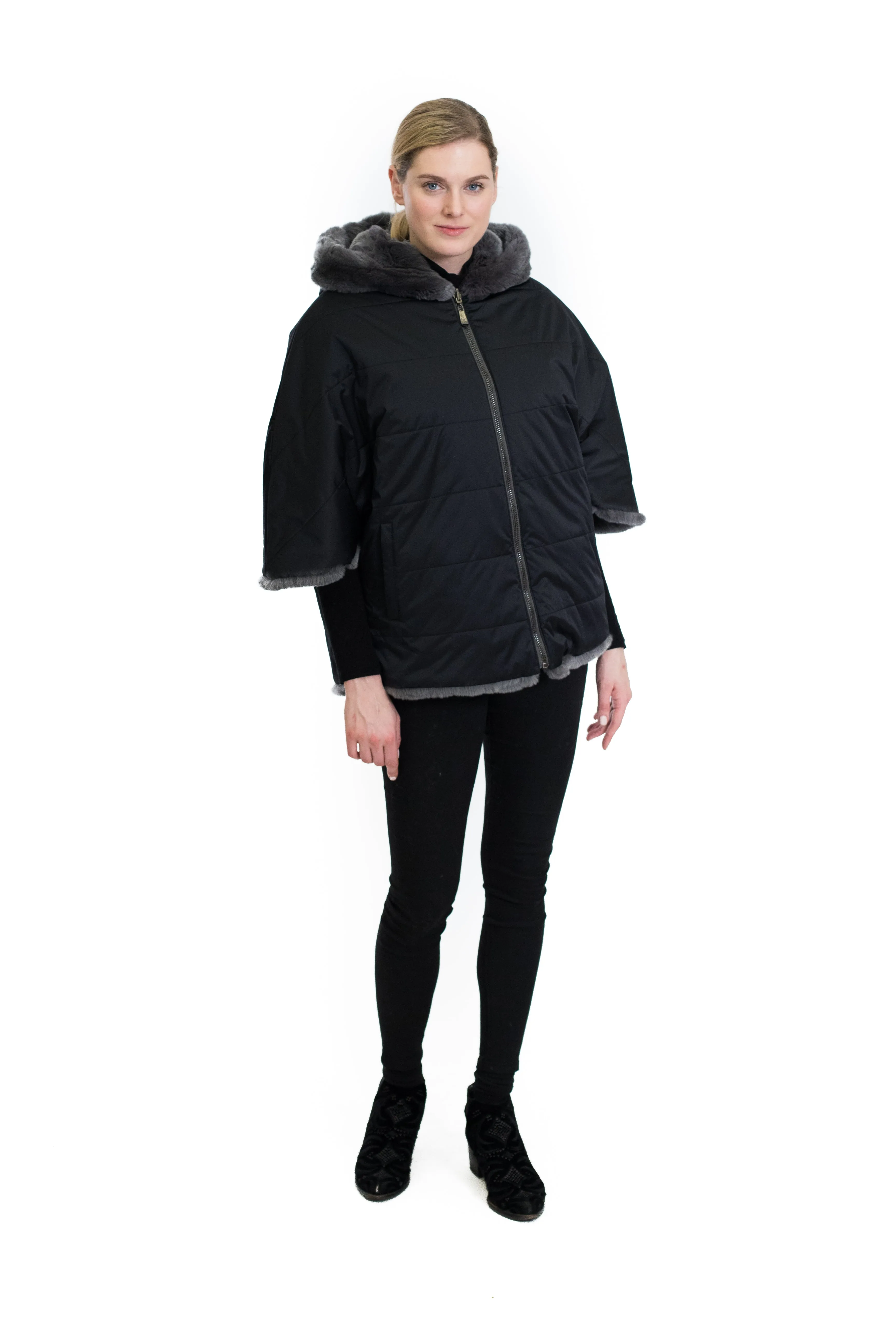 Rex Rabbit Cape Coat with Hood and Side Zipper Detail