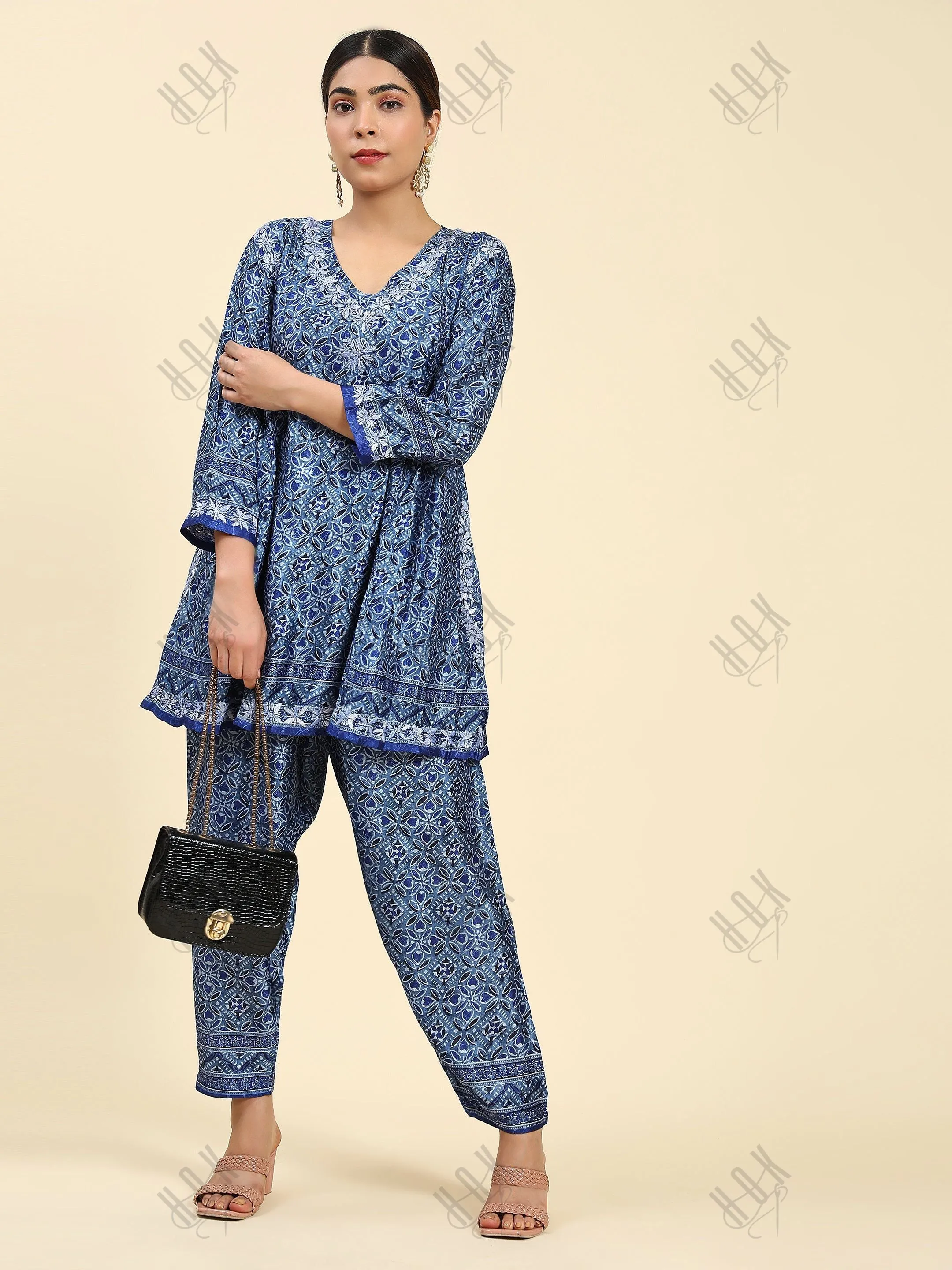 Samma Chikankari Co-ord Set in Polysilk for Women- Blue