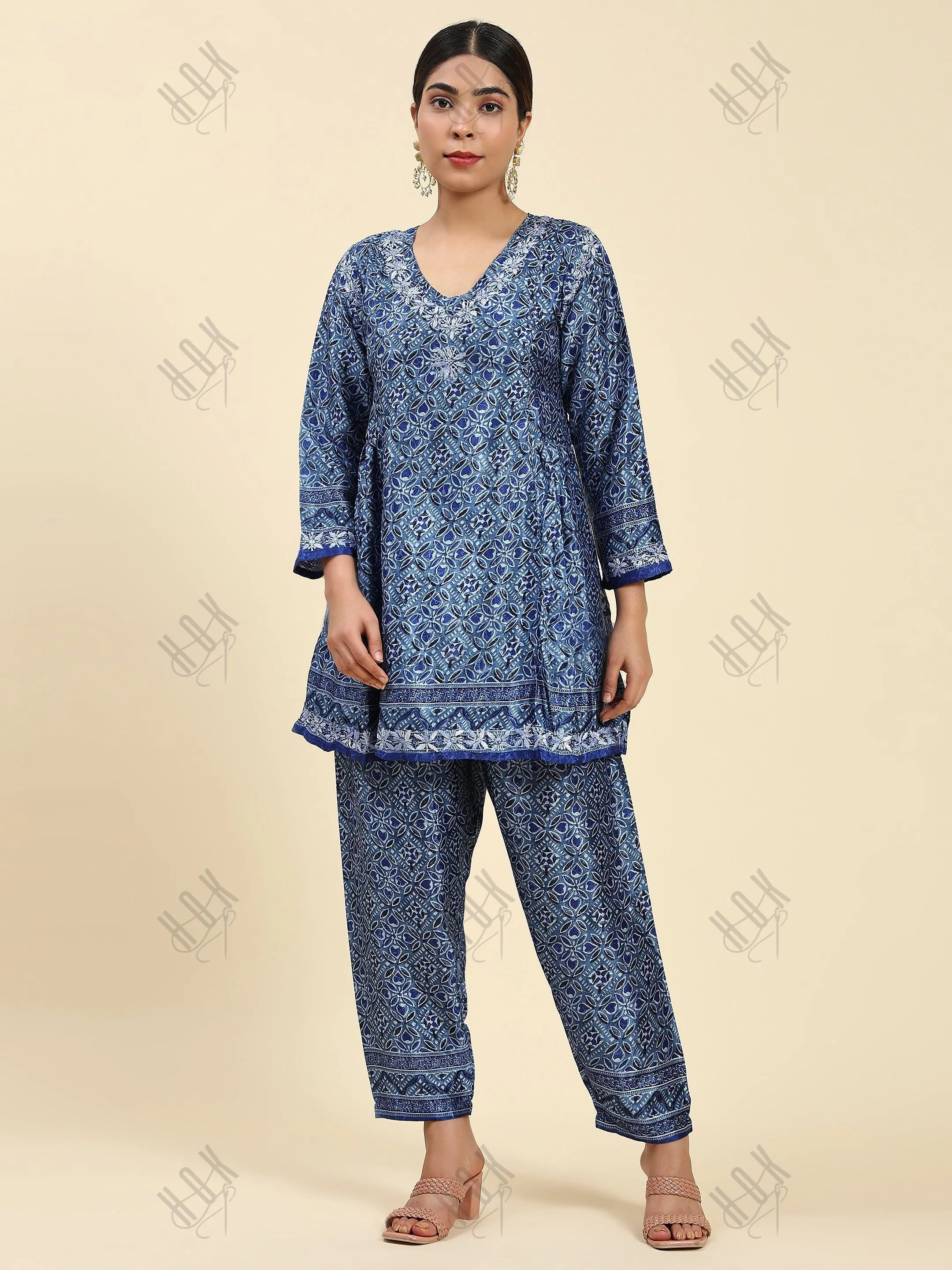 Samma Chikankari Co-ord Set in Polysilk for Women- Blue