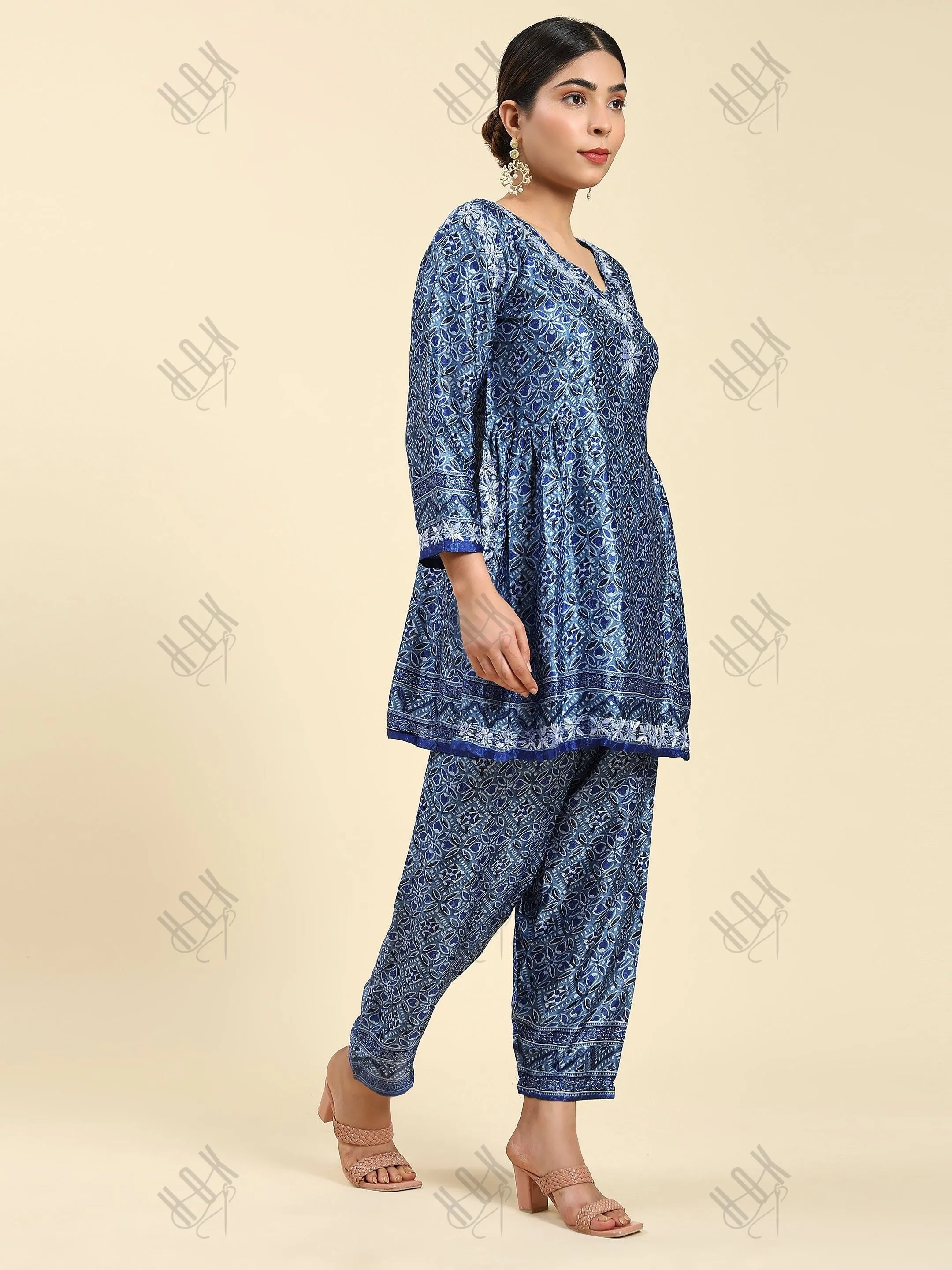 Samma Chikankari Co-ord Set in Polysilk for Women- Blue