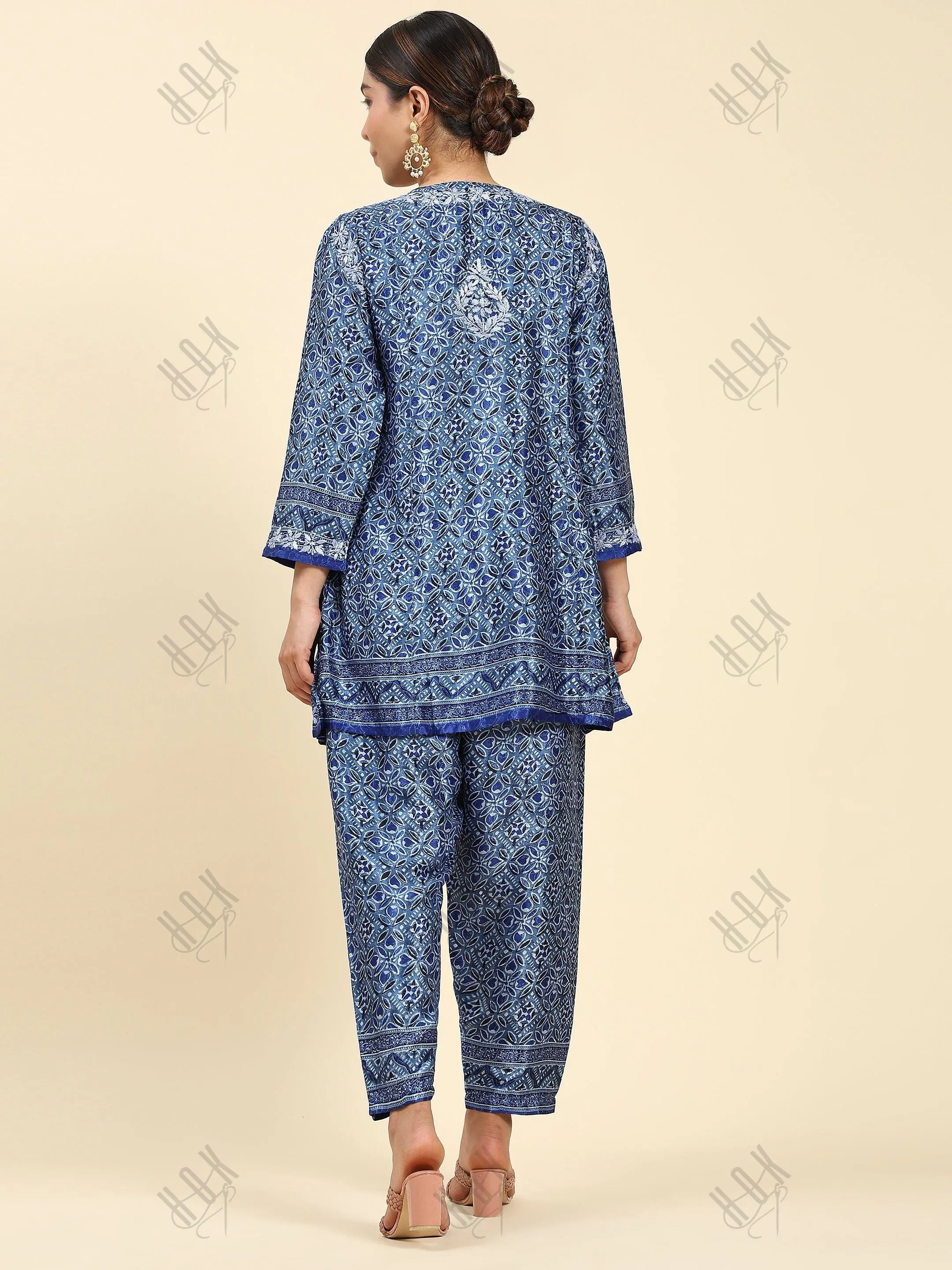 Samma Chikankari Co-ord Set in Polysilk for Women- Blue