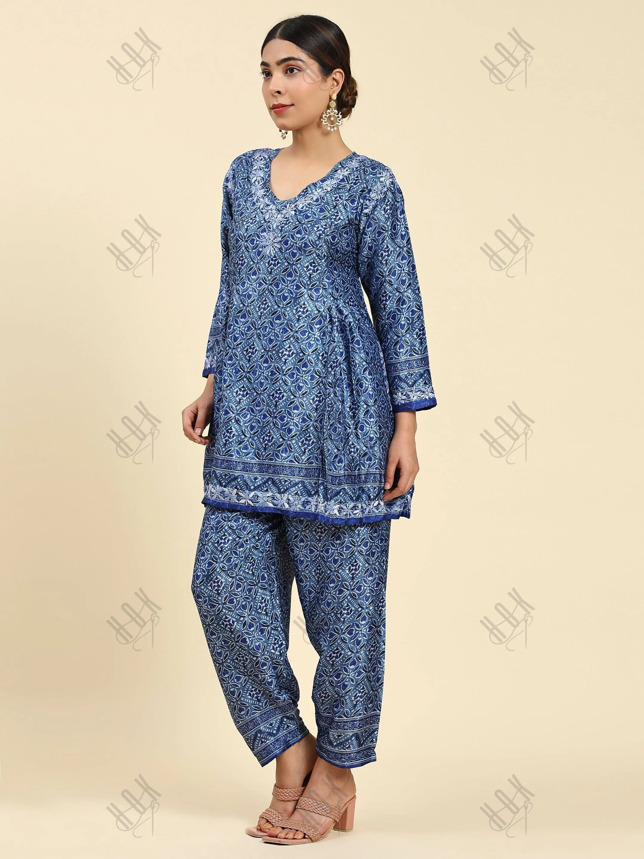 Samma Chikankari Co-ord Set in Polysilk for Women- Blue