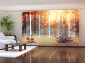 Set of 6 Sliding Panel Curtains Sunny Christmas Evening in the Forest