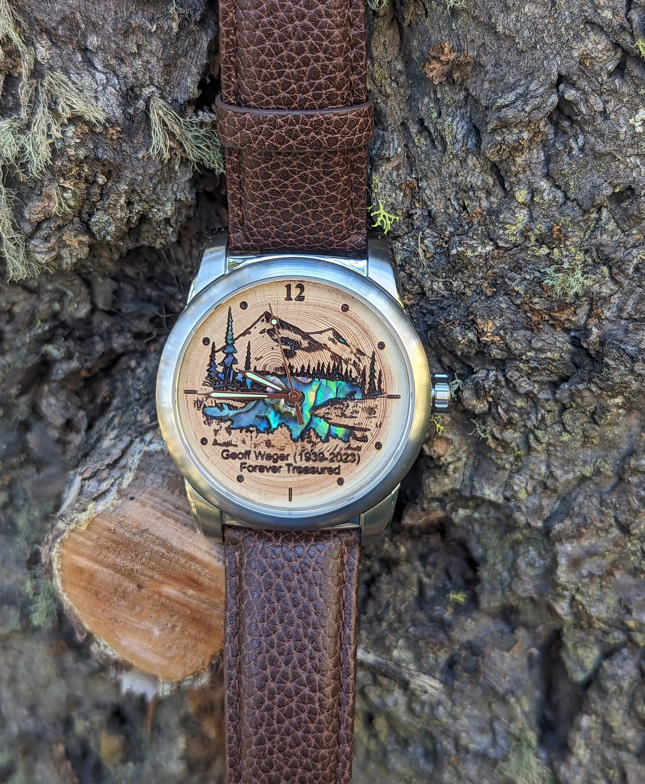 Tree Ring Urn Watch w/ Mother of Pearl Inlay