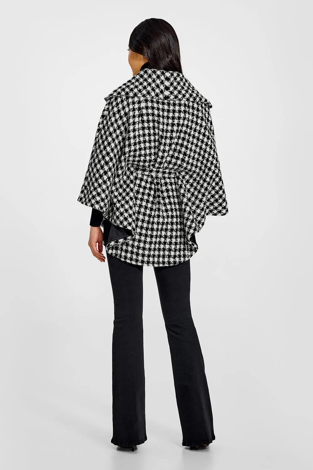 Tweed Houndstooth Suri Alpaca Cape with Shawl Collar and Belt