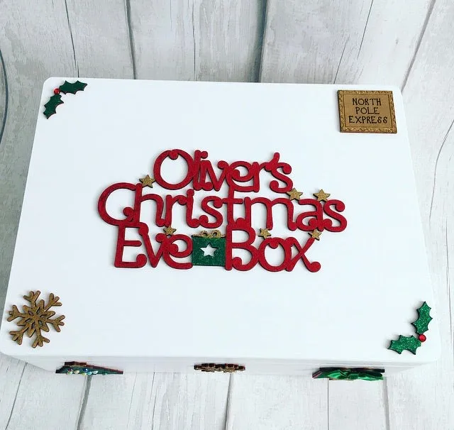 White Wooden Christmas Eve Box With Red, Gold & Green Decorations