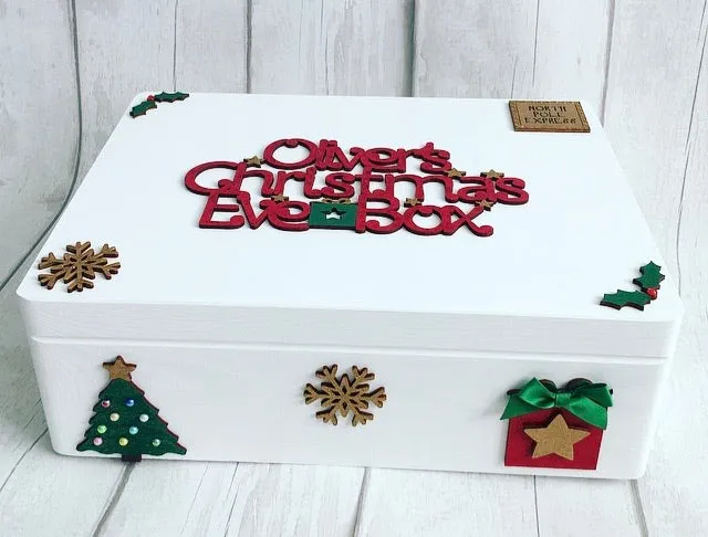 White Wooden Christmas Eve Box With Red, Gold & Green Decorations