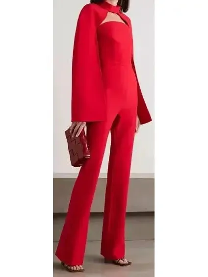 Women’s Cherry Red Cropped Cape and Myrine Jumpsuit Set