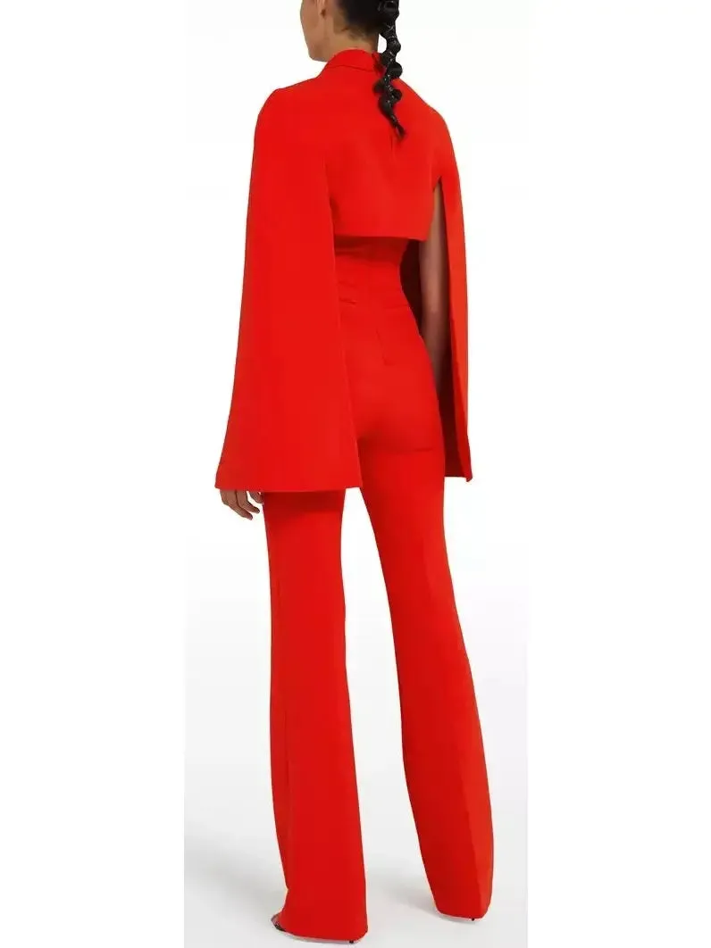 Women’s Cherry Red Cropped Cape and Myrine Jumpsuit Set