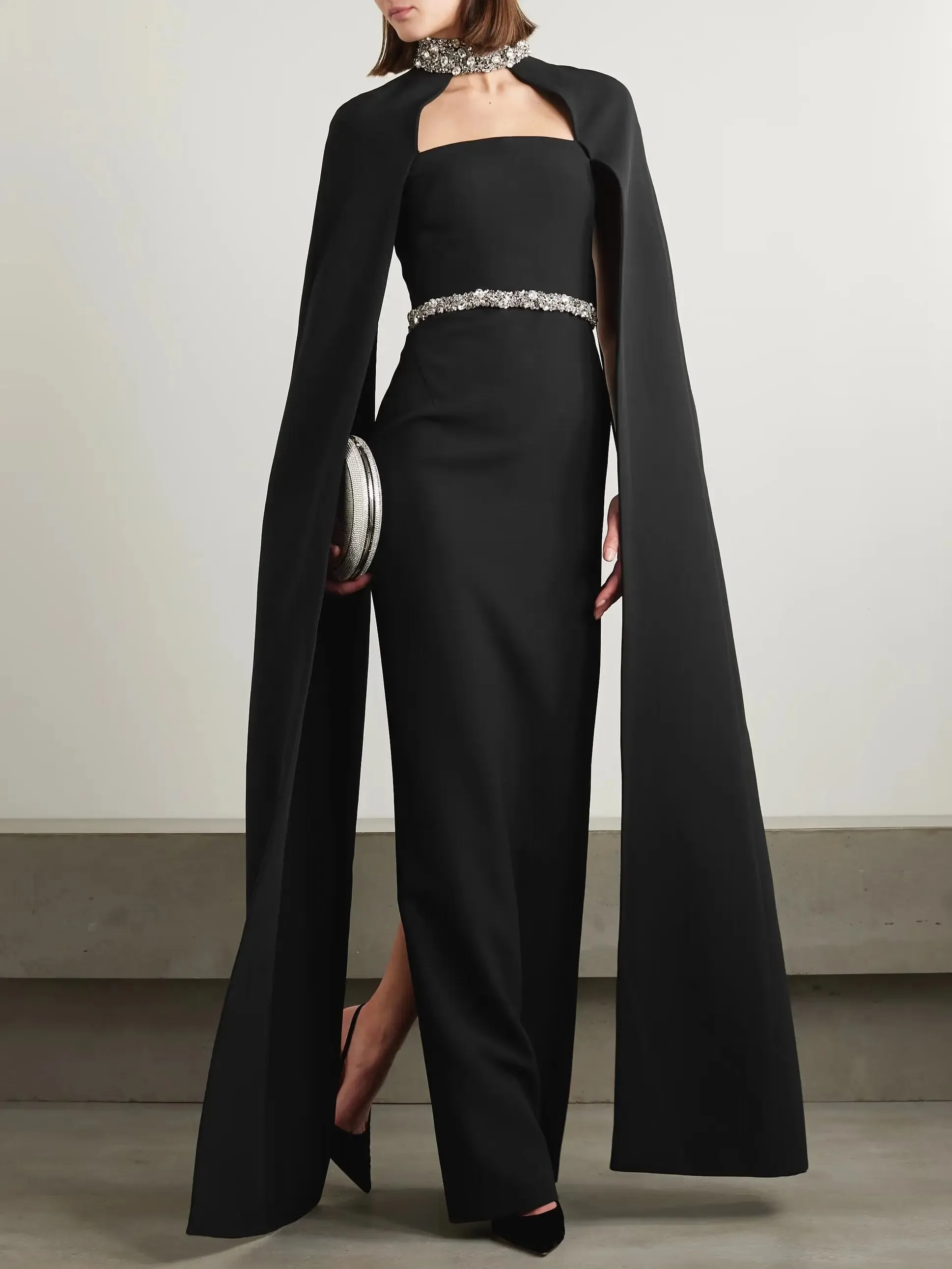 Women’s Crystal-Embellished Long Black Crepe Gown with Cape Sleeves