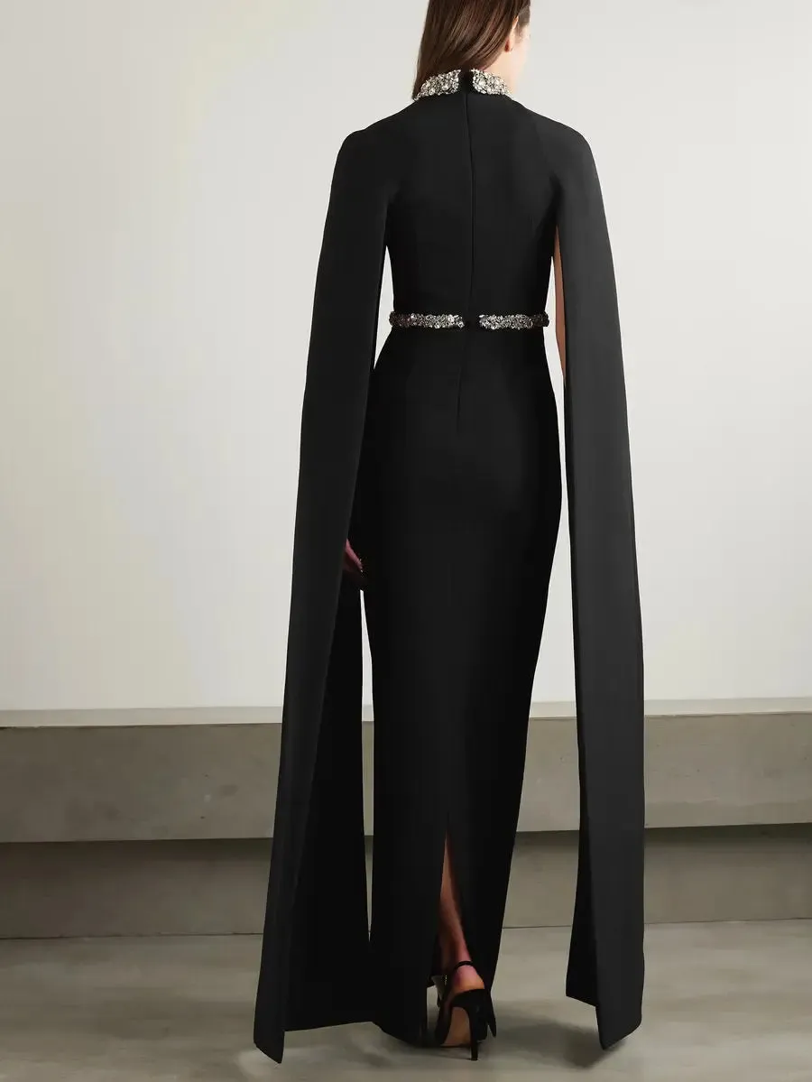 Women’s Crystal-Embellished Long Black Crepe Gown with Cape Sleeves